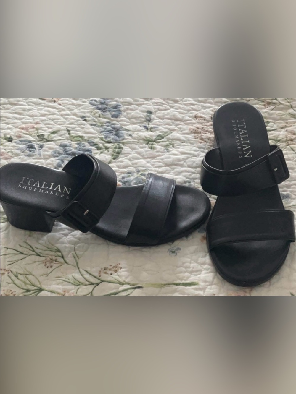 Italian Shoemakers Black Leather Two-Strap Block Heel sandals